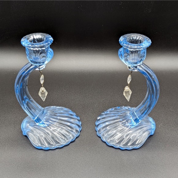 Pair Of Cambridge Glass Blue Caprice Candle Holders Art Deco Elegant Glass 7.5" - Picture 4 of 12